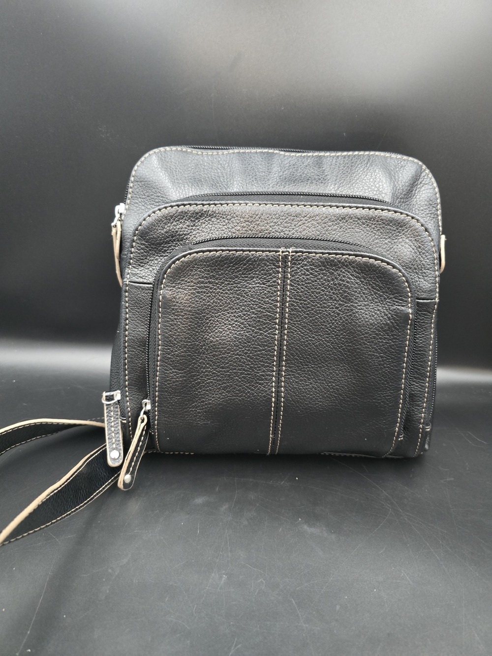 Tignanello Black Leather Crossbody with Front Pocket and Contrast Stitching